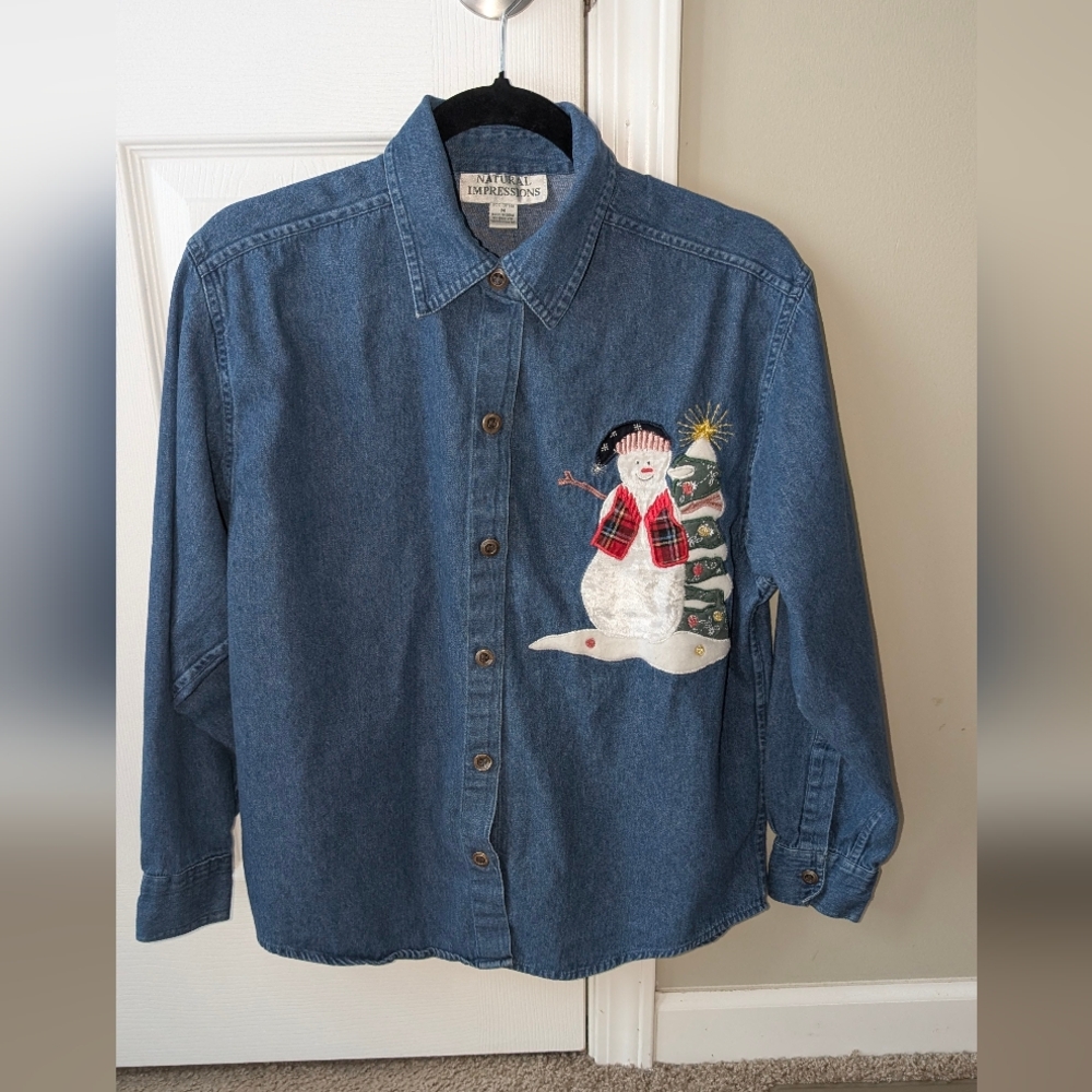Denim Shirt with Snowman Embroidery School Teacher